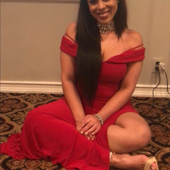 Red Off The Shoulder Gown with Slit - Picture 4 of 5
